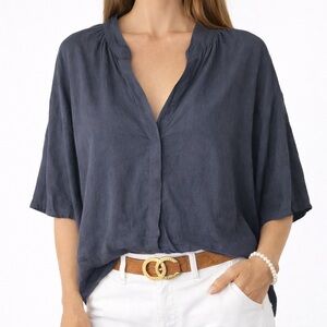 Vince Navy Linen Blend Short Sleeve Blouse Size L Relaxed Minimalist Luxury Top
